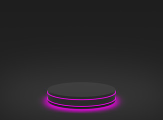 3d pink neon light with black cylinder podium minimal studio black dark background. Abstract 3d geometric shape object illustration render. Display for technology and business game product.