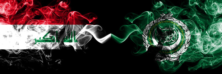 Iraq, Iraqi vs Arab League smoky mystic flags placed side by side. Thick colored silky smokes flags together.