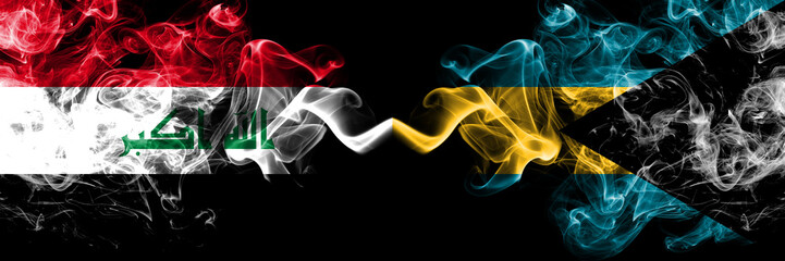 Iraq, Iraqi vs Bahamas, Bahamian smoky mystic flags placed side by side. Thick colored silky smokes flags together.