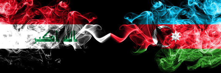Iraq, Iraqi vs Azerbaijan, Azerbaijani smoky mystic flags placed side by side. Thick colored silky smokes flags together.