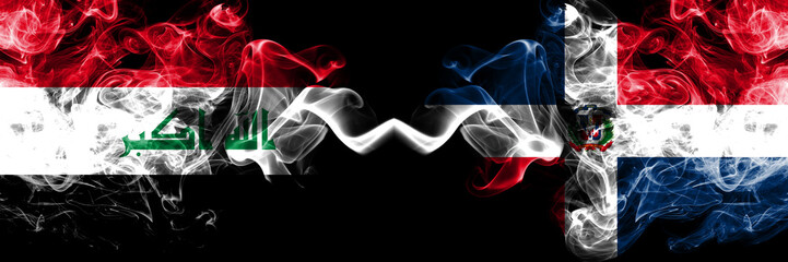 Iraq, Iraqi vs Dominican Republic smoky mystic flags placed side by side. Thick colored silky smokes flags together.