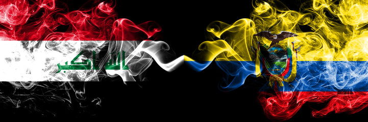 Iraq, Iraqi vs Ecuador, Ecuadorian smoky mystic flags placed side by side. Thick colored silky smokes flags together.