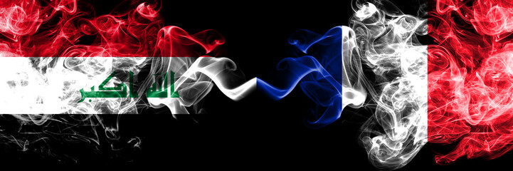 Iraq, Iraqi vs France, French smoky mystic flags placed side by side. Thick colored silky smokes flags together.