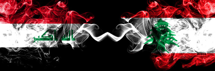 Iraq, Iraqi vs Lebanon, Lebanese smoky mystic flags placed side by side. Thick colored silky smokes...