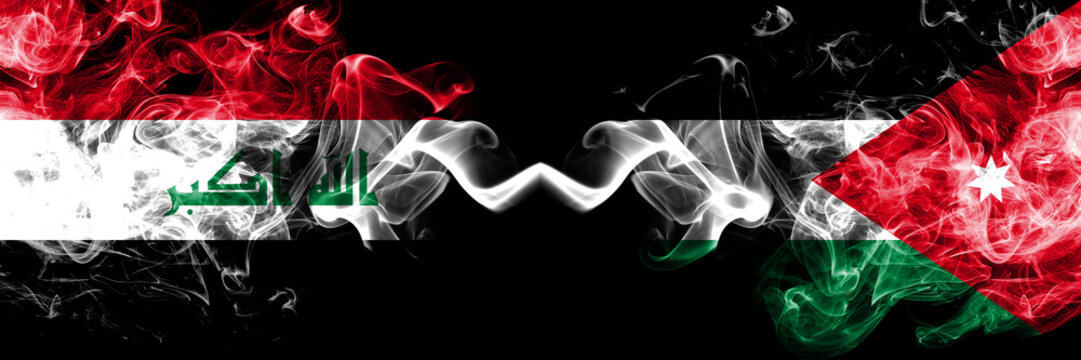 Iraq, Iraqi vs Jordan, Jordanian smoky mystic flags placed side by side. Thick colored silky smokes flags together.