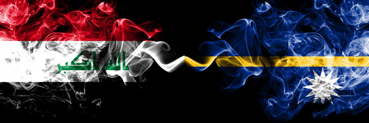 Iraq, Iraqi vs Nauru smoky mystic flags placed side by side. Thick colored silky smokes flags together.
