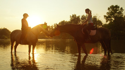 CLOSE UP: Two strong horses with riders standing in shallow river at sunrise