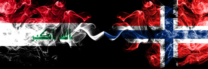 Iraq, Iraqi vs Norway, Norwegian smoky mystic flags placed side by side. Thick colored silky smokes flags together.