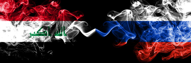 Iraq, Iraqi vs Russia, Russian smoky mystic flags placed side by side. Thick colored silky smokes flags together.