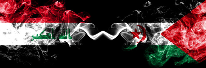 Iraq, Iraqi vs Sahrawi smoky mystic flags placed side by side. Thick colored silky smokes flags...