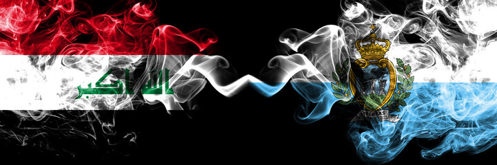 Iraq, Iraqi vs San Marino, Sammarinese smoky mystic flags placed side by side. Thick colored silky...