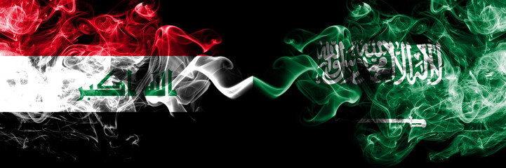 Iraq, Iraqi vs Saudi Arabia, Arabian smoky mystic flags placed side by side. Thick colored silky smokes flags together.