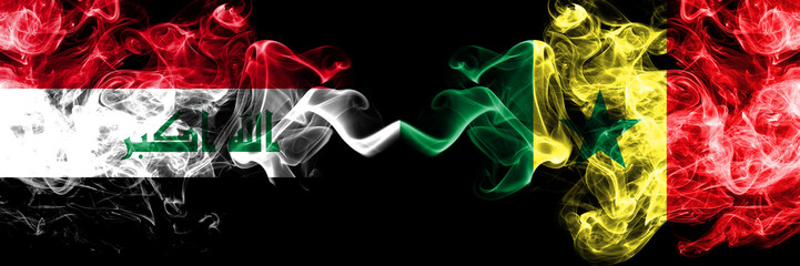 Iraq, Iraqi vs Senegal, Senegalese smoky mystic flags placed side by side. Thick colored silky smokes flags together.