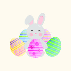 This is flat happy Easter Day background. Cute card with rabbit and Easter eggs on  background.