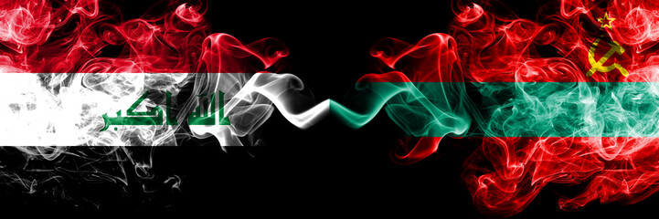 Iraq, Iraqi vs Transnistria smoky mystic flags placed side by side. Thick colored silky smokes flags together.
