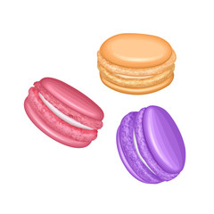 Set of different french cookies macaroons in cartoon style isolated on white background, Sweet and beautiful dessert. Colorful Vector illustration
