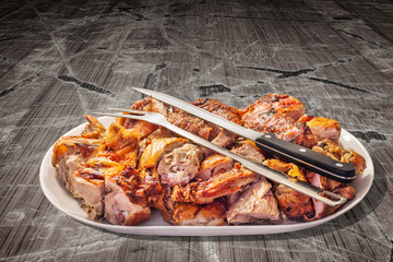 Freshly Spit Roasted Pork Meat Slices Offered on Oblong Porcelain Tray with Carving Knife and...
