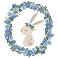 Cute cartoon bunny in blue floral wreath. Vector illustration.