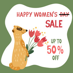 Happy women's sale. Lettering with an adorable meerkat holding red tulips. Discount template for shops. Social media square format. Vector illustration isolated on white background.
