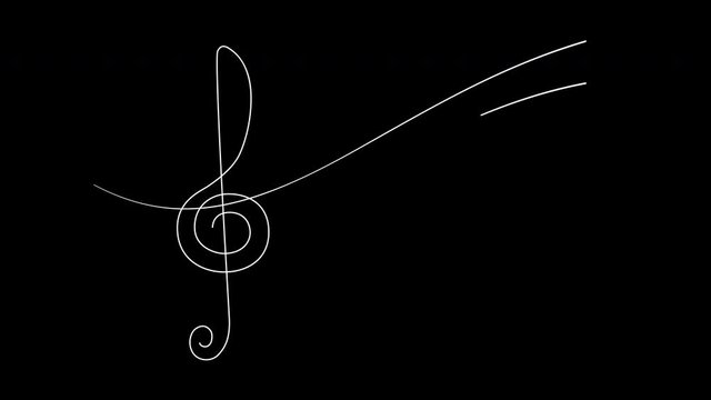 Self drawing animation of violin clef and printed text. Concept of music art and concert. Copy space. Black background.