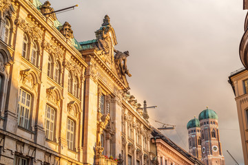 View to Tops of Majestic Historical buildings in the center of Munich, Germany.