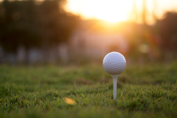 golf ball on tee in a beautiful golf course with morning sunshine