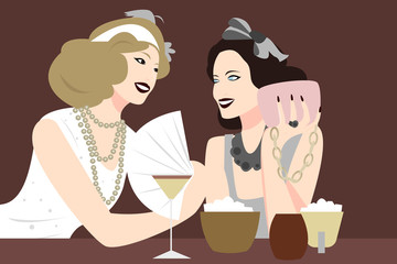 Two party girls talking. Vintage style. Design for poster