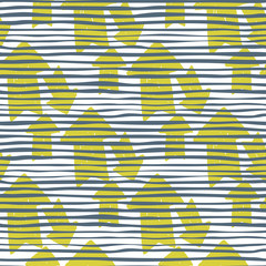 Hand drawn yellow arrow ink seamless pattern on stripes background.