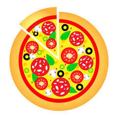Delicious hot pizza with different ingredients, flat vector illustration on a white background