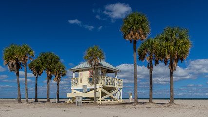 Lifeguard tower behind Palm trees on the Key Biscayne Beach in Florida 