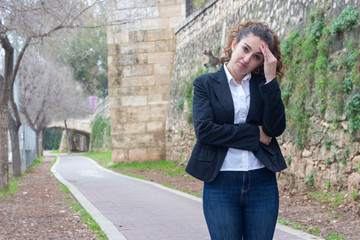 Fototapeta na wymiar Portrait of frustrated confused caucasian bussiness woman posing emotionally, standing with crossed arms, holding one hand on face, looking with annoyance directly at camera, in the park, white shirt