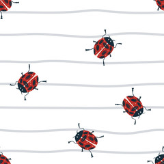 Childish ladybug insect vector hand-drawn scandinavian seamless pattern. Cartoon kids ladybug pattern for wrapping paper, fabric, textile, wallpaper, background	