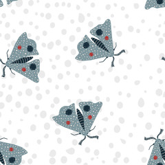 Childish moth insect hand-drawn scandinavian seamless pattern. Cartoon kids butterfly pattern for wrapping paper, fabric, textile, wallpaper, background