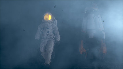 Astronaut walking on a foggy alien planet. CG Animation. 3D rendering.