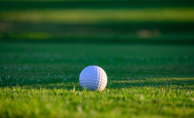 Excellent well-kept green grass lawn on large golf course, green section with big white foam ball for beginners on Tenerife island, Canary, Spain