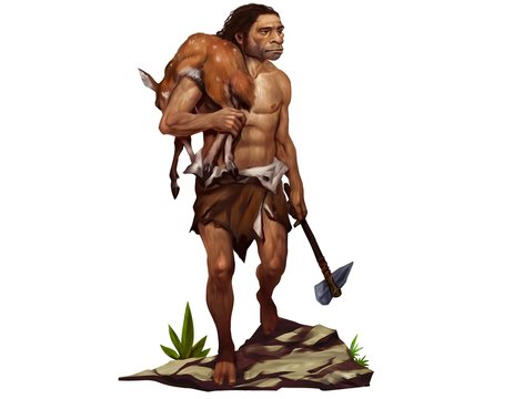 Full Color Illustration of Neanderthal Man Carried a Deer on His Shoulder and Held the Stone Axe on the Other Hand