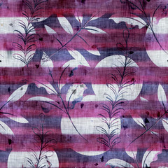 Seamless watercolor wash stripes in vivid fuchsia purple with intricate leaf foliage pattern overlay. Seamless repeat raster jpg pattern swatch.