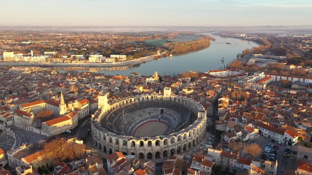 Arles southern french town Amphitheatre aerial sunrise view river le Rhone epic shot 