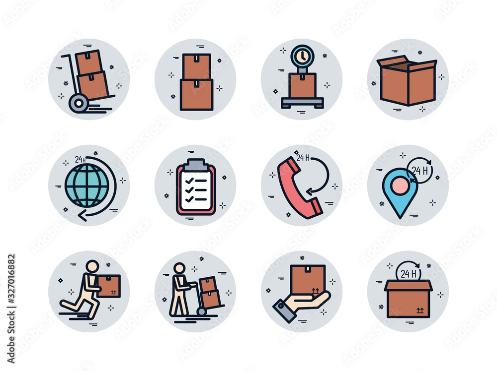 Poster isolated delivery fill block style icon set vector design