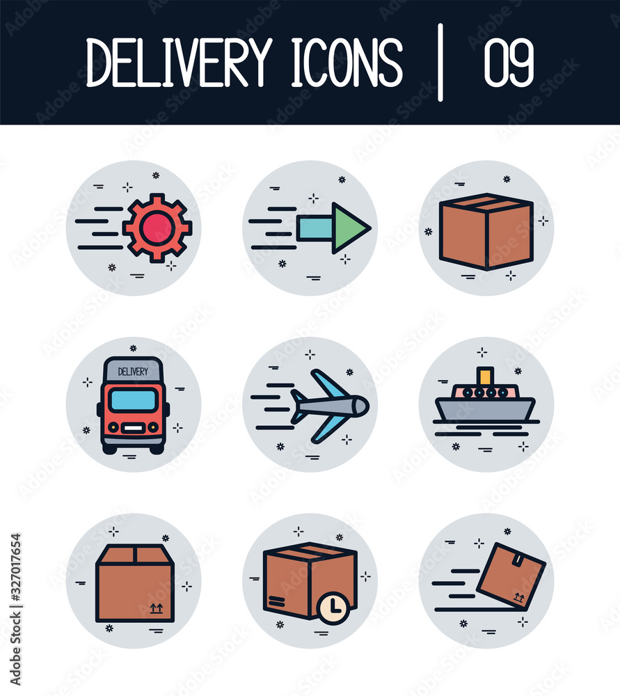 Poster isolated 9 delivery fill block style icon set vector design