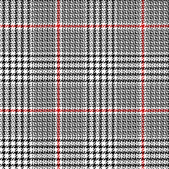 Tweed pattern. Seamless hounds tooth glen check vector plaid background in black, red, and white for jacket, skirt, trousers, or other modern autumn or winter textile design.