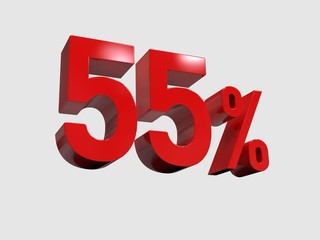 Red 55% Percent Discount 3d Sign on Light Background