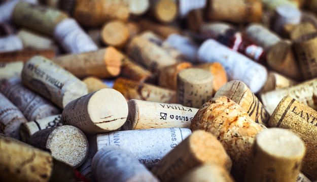 Old Used corks plugs from different wine producing countries