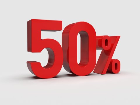 Red 50% Percent Discount 3d Sign on Light Background