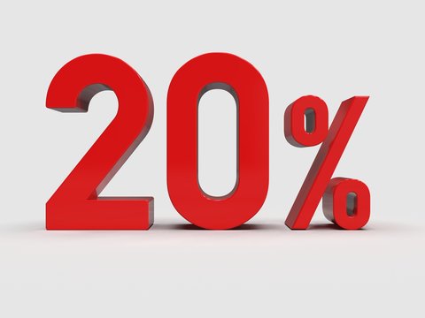 Red 20% Percent Discount 3d Sign on Light Background