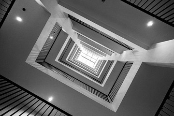 Black and white square stair perspective, abstract architecture.