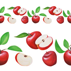  collection. Red Apple. Fruit set. Pattern. Border. Frame. Hand drawing. Delicate fruit drawn and isolated in gouache in the style of realism. Suitable for corporate identity, concentration.