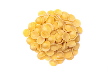 Heap of pasta orecchiette on white background. Isolated.