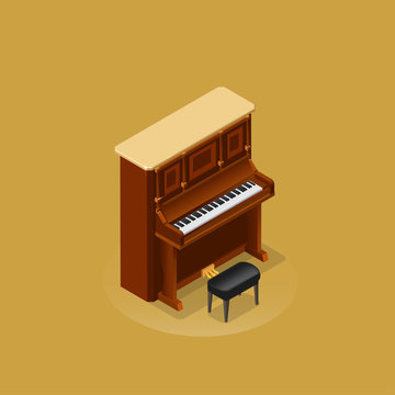 Realistic isometric illustration of vintage upright piano .