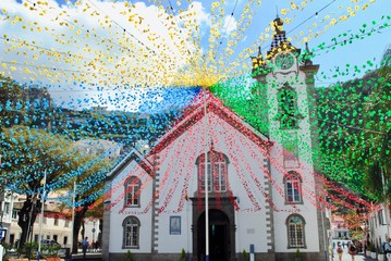 Ribeira Brava, Madeira, Portugal, Igreja de Sao Bento church is decorated with flowers looking like...
